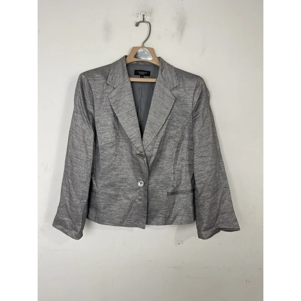 Talbots Womens Blazer Jacket 16 Gray Silver Holiday Party Cocktail Linen‎ Blend